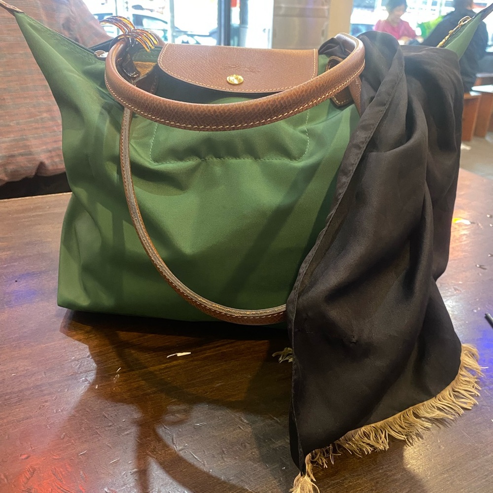 LONGCHAMP DEEP HUNTER GREEN BROWN NYLON LEATHER GORG TOTE Bag w MAKEUP Pouch